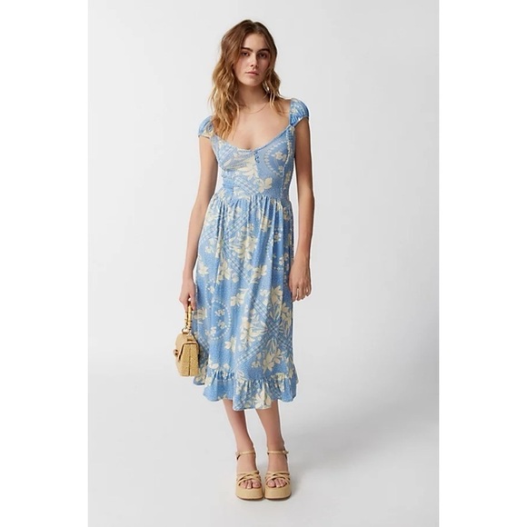 NWT Urban Outfitters Elenor Midi Dress Blue Cream Floral - Picture 3 of 12